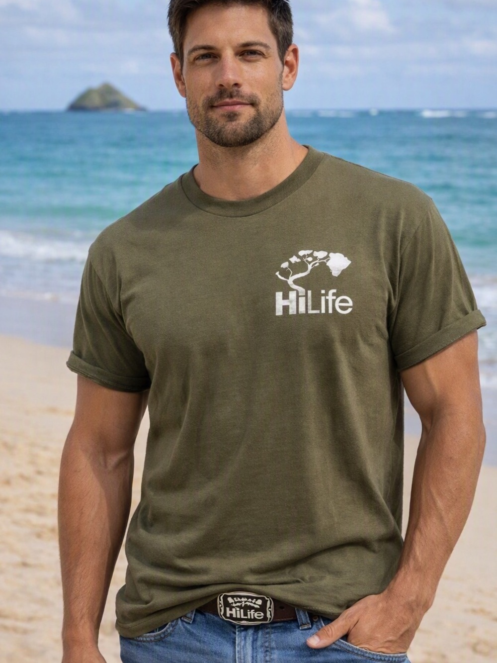 HiLife Designer 100% Cotton Green with White & Brown Short Sleeve Tee Size Med